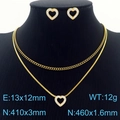 Double-layered gold heart pendant necklace and stud earrings set with crystal rhinestones - Hollow Heart Rhinestone Style (KS201220-HDJ)