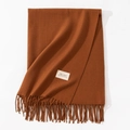 Caramel brown faux cashmere scarf with fringe tassels and woven brand label details - 70*200cm / Caramel