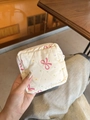 Compact white quilted cosmetic pouch with pink bow and polka dot pattern detail - Square Pouch - Cotton Padded Pink Bowknot