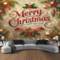 Tapiz navideño con diseño festivo dorado y rojo sobre un sofá gris de salón - 300x230cm / Deseos Rojo y Oro
