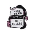 Skull tombstone enamel pin featuring pink snake and I JUST WANNA GIVE YOU THE CREEPS text - Snake Tombstone - GIVE YOU THE CREEPS