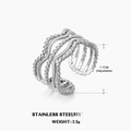 Anillo ajustable de acero inoxidable plateado con diseño de ondas y cuentas pulidas - Abierto Ajustable / Color Acero