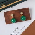 Chinese style pearl tassel earrings with green sphere pendants on walnut wood - Green Agate S3267