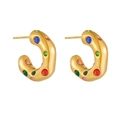 Vintage 18K gold plated C-shaped stainless steel earrings with colorful zircon stones - Gold with Multicolor Zircon