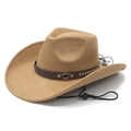 Classic khaki suede western cowboy hat with brown leather band and adjustable chin strap - M (56-58cm) / Camel