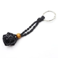 Handmade woven net keychain with a black obsidian stone and wooden bead accent - Black Agate + Black Mesh Keychain