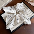 Polka dot hair scrunchie in white fabric with black spots and a small ribbon bow - White With Black Spot (63# Hair Ring)