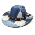 Cappello da cowboy western retro in denim blu patchwork con fascia in turchese - M(56-58cm) / Azzurro