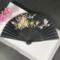 Elegant black folding fan with floral bird pattern on bamboo frame in gift box - Black Flower & Bird Print Style