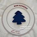 Dark blue velvet Christmas tree ornament measuring 8cm by 9cm on a white ceramic plate - Christmas Tree A-02 (Dark Blue)