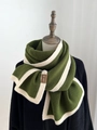 Deep green and cream white striped knitted scarf with premium leather brand label - 180cm / Green