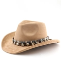Western suede cowboy hat in camel with shell trim and woven bohemian band detail - M (56-58cm) / Camel