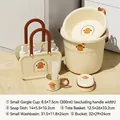 Cartoon style dorm wash set with duck pattern in cream yellow five piece collection - Small Cup + 32cm Basin + Bucket + Soap Box + Basket