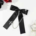 Detail of gothic black satin bow hairclip with silver cross pendant and metal chains - 8# Black Satin with Pin Chain and Cross