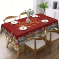 Red Christmas tablecloth with golden Merry Christmas text and reindeer prints on a dining table - 152cm*220cm / Red/Gold Merry Christmas/Reindeer Print