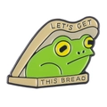 Enamel frog pin in bread box with 'LET'S GET THIS BREAD' text on white background - Frog in Bread Box (XZ7944)