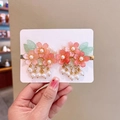 Pink flower hair clips with green leaves and pearl tassels for girls hanfu style - Rosy Beauty (273#)