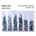 Indicolite mixed size flatback rhinestones for nail art in a 6-grid storage box - Mixed Sizes SS4-SS16 Around 1440 Pieces / Peacock Blue
