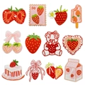 Set of 12 strawberry-themed embroidered patches including bears and milk cartons for clothes - Cake Cherry Patch Assortment / Set of 12