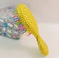 Mini cushion massage hairbrush with yellow rhinestones and colorful rainbow bristles - Bright Yellow Rhinestone 14x6x3.8cm