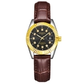 Quartz watch with black dial, crystal hour markers, and brown leather strap - Brown Strap Two-tone Case Black Dial Women