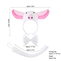Pink pig costume set with plush ears headband, bow tie, and tail including size details - 3D White Pig 3-Piece Set (Headband+Bowtie+Tail)