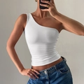 Slim fit white one-shoulder yoga tank top in premium stretch fabric for women - S / White