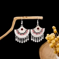 Ethnic style silver alloy fan-shaped fringe hook earrings with red beads and tassels - Silver Red Fan Round Bead Tassel(E2190-2)