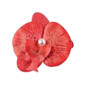 Detailed view of red fabric orchid hair clip with realistic petals and central pearl - Red Gradient