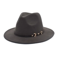 Detailed top view of dark grey wool fedora hat with black leather belt and gold buckle - M (56-58cm) / Dark Gray