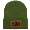 Bonnet tricoté vert olive avec écusson en cuir marron et inscription MOM - Adulte Élastique / Vert Armée (MOM)