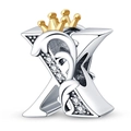 Macro shot of silver letter X charm featuring a gold crown and floral pattern details - Letter X