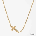 Gold plated stainless steel horizontal cross necklace with sparkling heart center and crystals - Golden Sideways Cross Style (KD860)