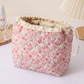 Pink floral quilted makeup bag, travel portable drawstring cosmetic storage pouch - Blurry Pink Floral