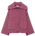 Detailed view of burgundy knit cardigan featuring large lapels and brown wooden buttons - S / Rose Red Check