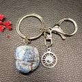 Natural blue crystal keychain with silver sun charm and wire wrapped stone pendant - Lapis Lazuli (Sun)
