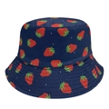 Navy blue reversible bucket hat with red strawberry and white polka dot print patterns - M (56-58cm) / Navy Blue (15)