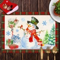 Christmas snowman and tree table mat with red and green plaid border on wooden table - CD30-12