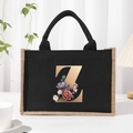 Black canvas tote bag with jute trim, floral letter Z print and rope handles - Bronze Floral Letter Z