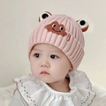 Pink knitted baby winter hat with cute cartoon eyes and smile embroidery decoration - Smiling Frog - Pink
