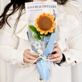 Handmade crochet sunflower bouquet with blue wrap and decorative love is eternal ribbon - Sunflower + 2 Blue Puffs Bouquet - English Text + Gift Box