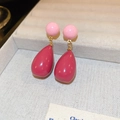 Close-up of pink and magenta resin drop earrings with gold connector on jewelry tray - Pink Rose Red Waterdrop Resin (91# Silver Needle)