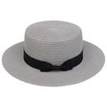 Classic grey wide-brim straw hat with black grosgrain ribbon and bow decoration - Ribbon Bow Decor Band Style (303L)