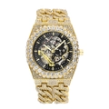 Orologio meccanico scheletrato dorato di lusso con cinturino cubano diamantato uomo - Oro