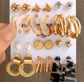 Set of 6 gold-toned earrings featuring leopard print hoops and pearl studs - Gold Series Ultimate Earring Collection (Full Set)