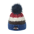 Close-up of knit winter hat showing striped pattern and bee embroidery patch detail - M(56-58cm) / Blue