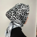 Silver-grey leopard print satin bawal headscarf with geometric border for women - #37 Grey Leopard