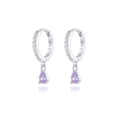 Close-up of S925 silver hoop earrings with purple teardrop zircon and white pavé stones - Silver-Purple Zircon