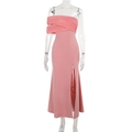 Detail of pink off-shoulder evening dress with mesh stitching and elegant side slit design - S / Pink