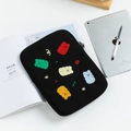 Detail of cute colorful bear embroidery on black canvas laptop sleeve with zipper - 11" / Rainbow Bears